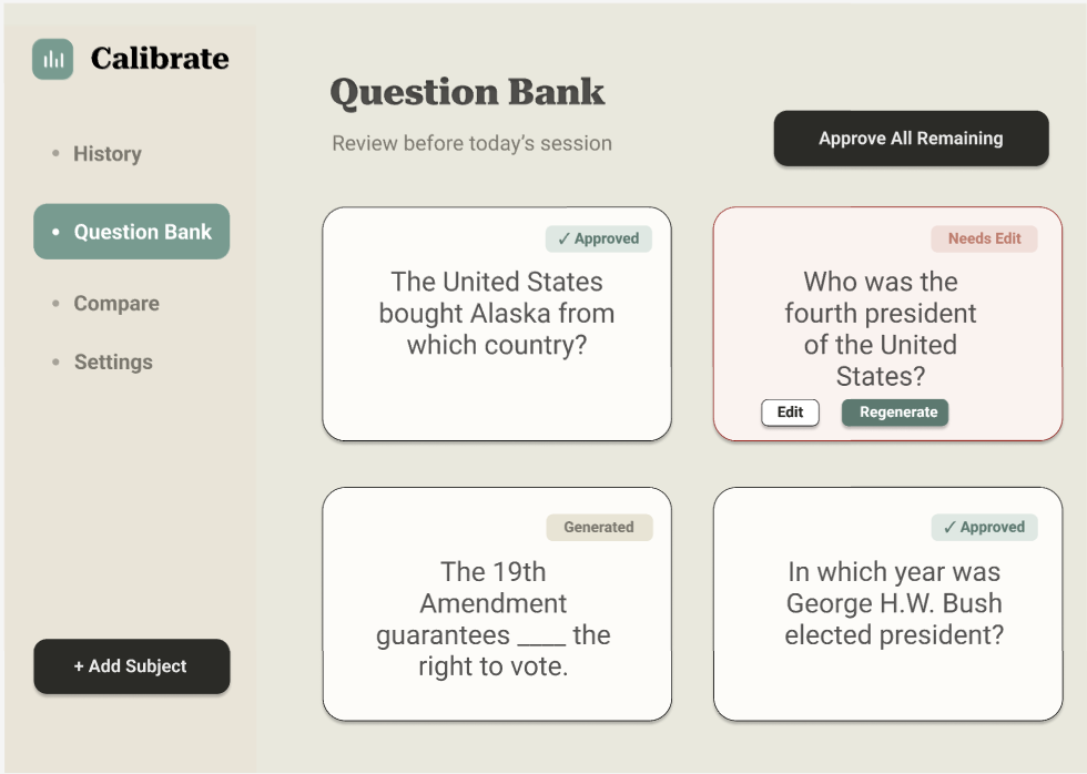 Early cards version of the question review screen